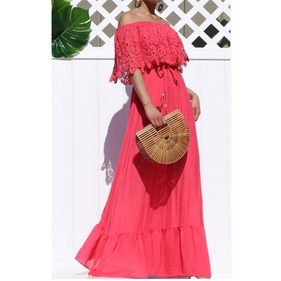 Dresses & Skirts - Boho Coral Off Shoulder Crochet Ruffle Maxi Dress